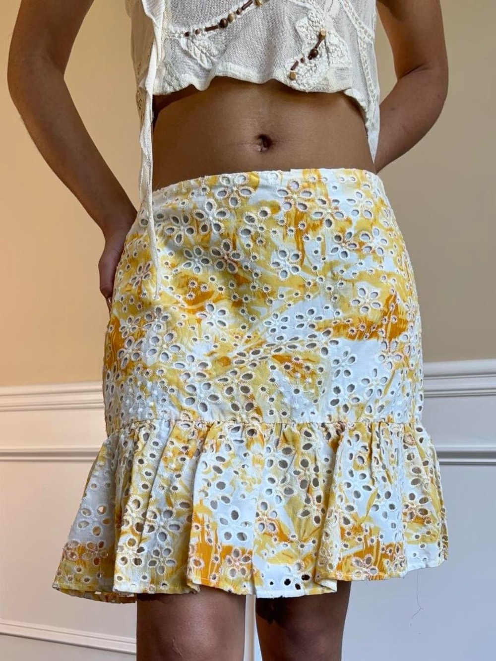 Express Gradient Yellow Floral Eyelet Skirt